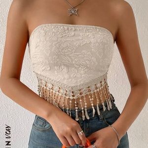 Shein- VCAY Fringe Hem Tie Backless Tube Top